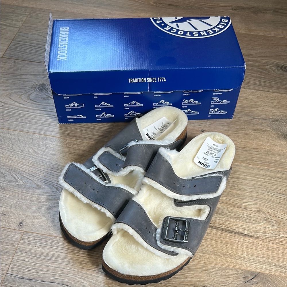 New Arizona Shearling Gray Birkenstocks - Size 43N